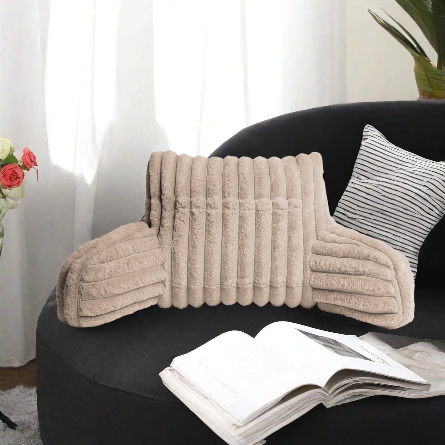 Cuddle Cushion - Faux Fur Ribbed Reading Chair Pillow with Arms for Sofa, Gaming & Relaxing Comfort