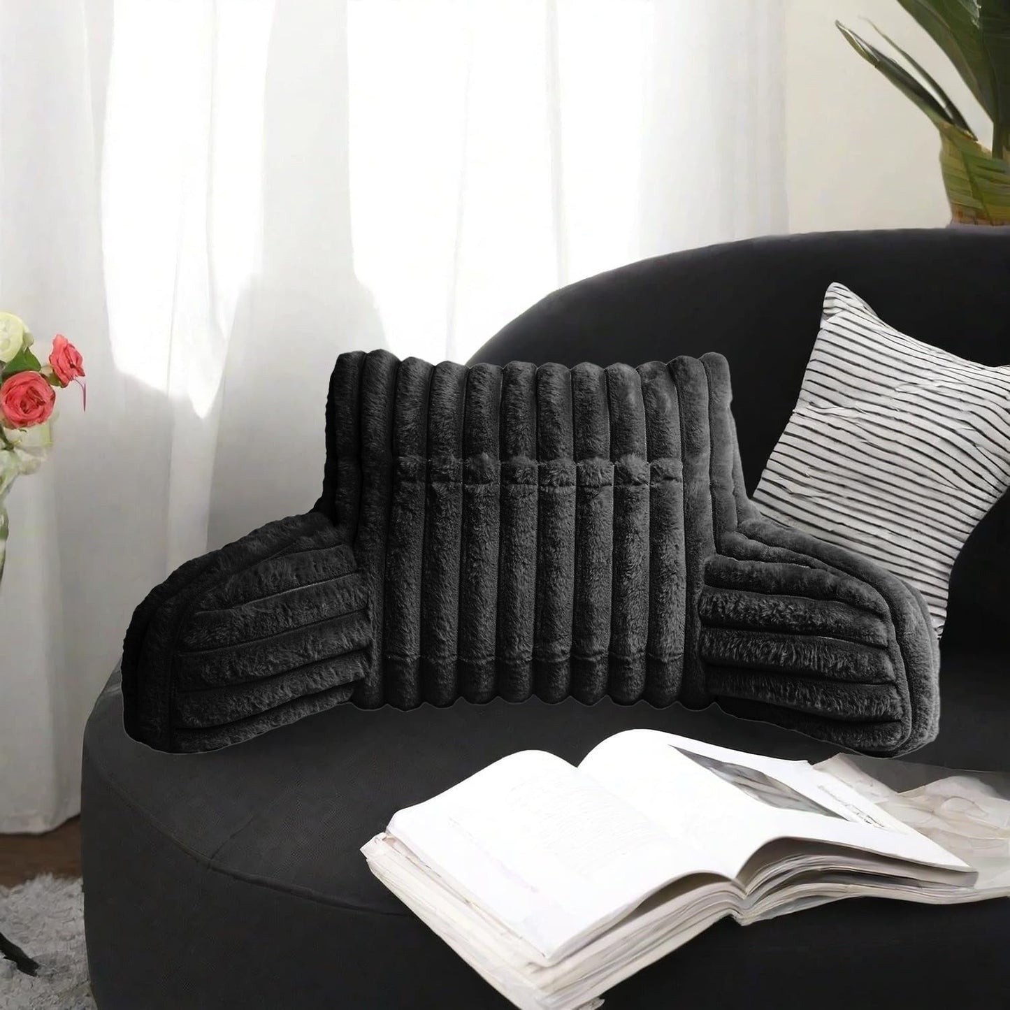 Cuddle Cushion - Faux Fur Ribbed Reading Chair Pillow with Arms for Sofa, Gaming & Relaxing Comfort