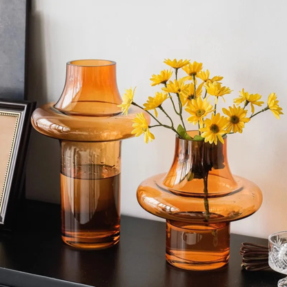 Amber Geometric Glass Vase for Home Decor, Modern Table Centerpiece, Stylish Flower Holder