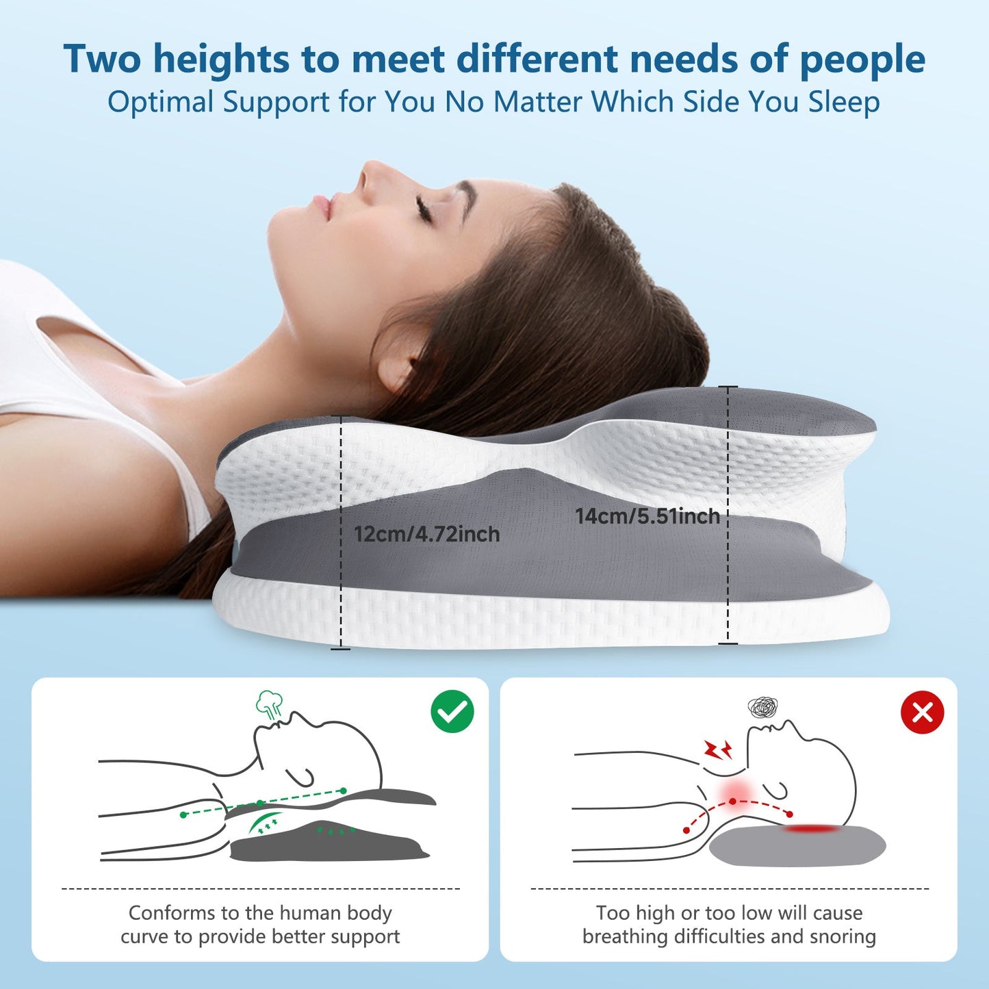 Memory Foam Neck Pillow for Neck and Shoulder Support, Cooling Silk Case - Gray