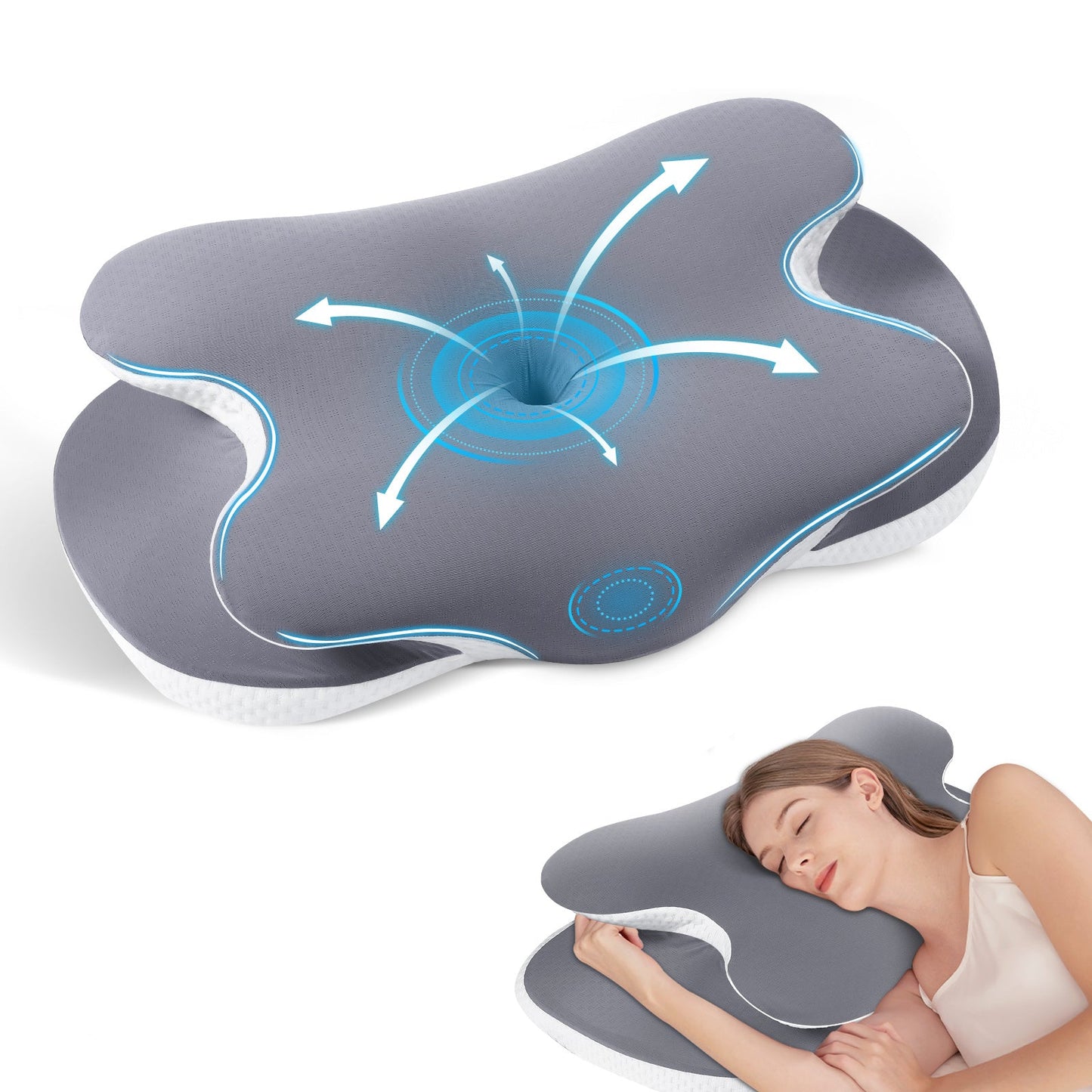 Memory Foam Neck Pillow for Neck and Shoulder Support, Cooling Silk Case - Gray