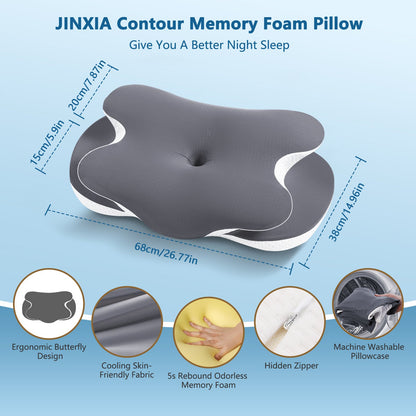 Memory Foam Neck Pillow for Neck and Shoulder Support, Cooling Silk Case - Gray
